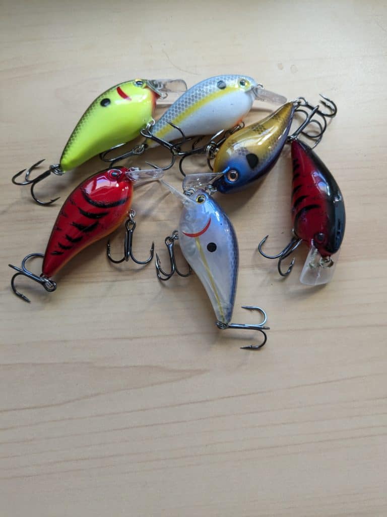 Angler casting a squarebill crankbait on a sunny summer day, aiming for a largemouth bass catch in the crystal-clear water.