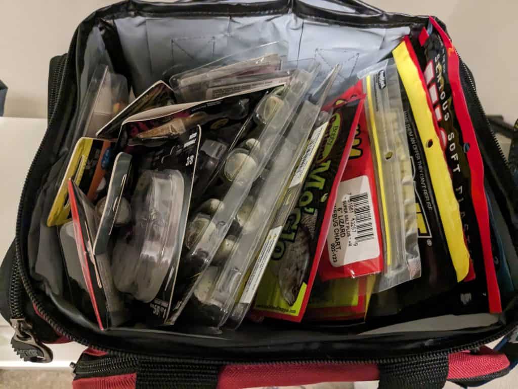 Using a Bass Pro Qualifier tackle bag to store a variety of soft plastic baits in an organized manner. 