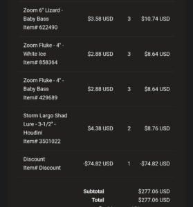 A receipt showing substantial savings on bass fishing equipment from a Bass Pro Shop sale.