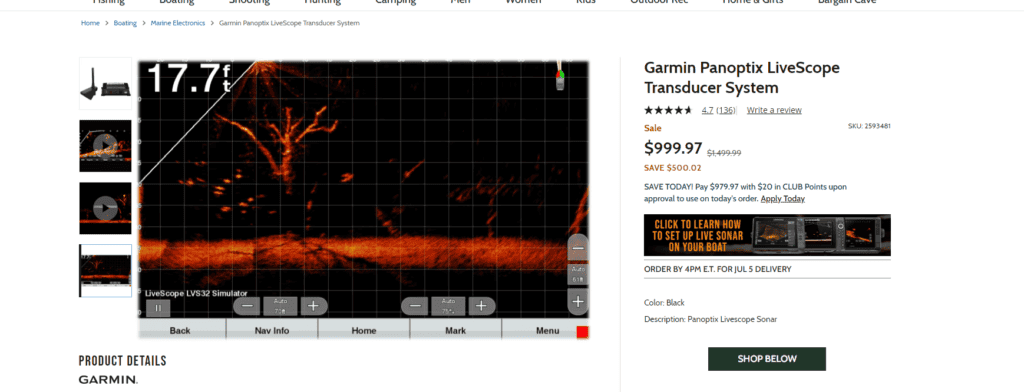 Screenshot of the premium-priced Garmin LiveScope forward-facing sonar product listing on the Bass Pro Shops website, highlighting its top-tier fishing technology