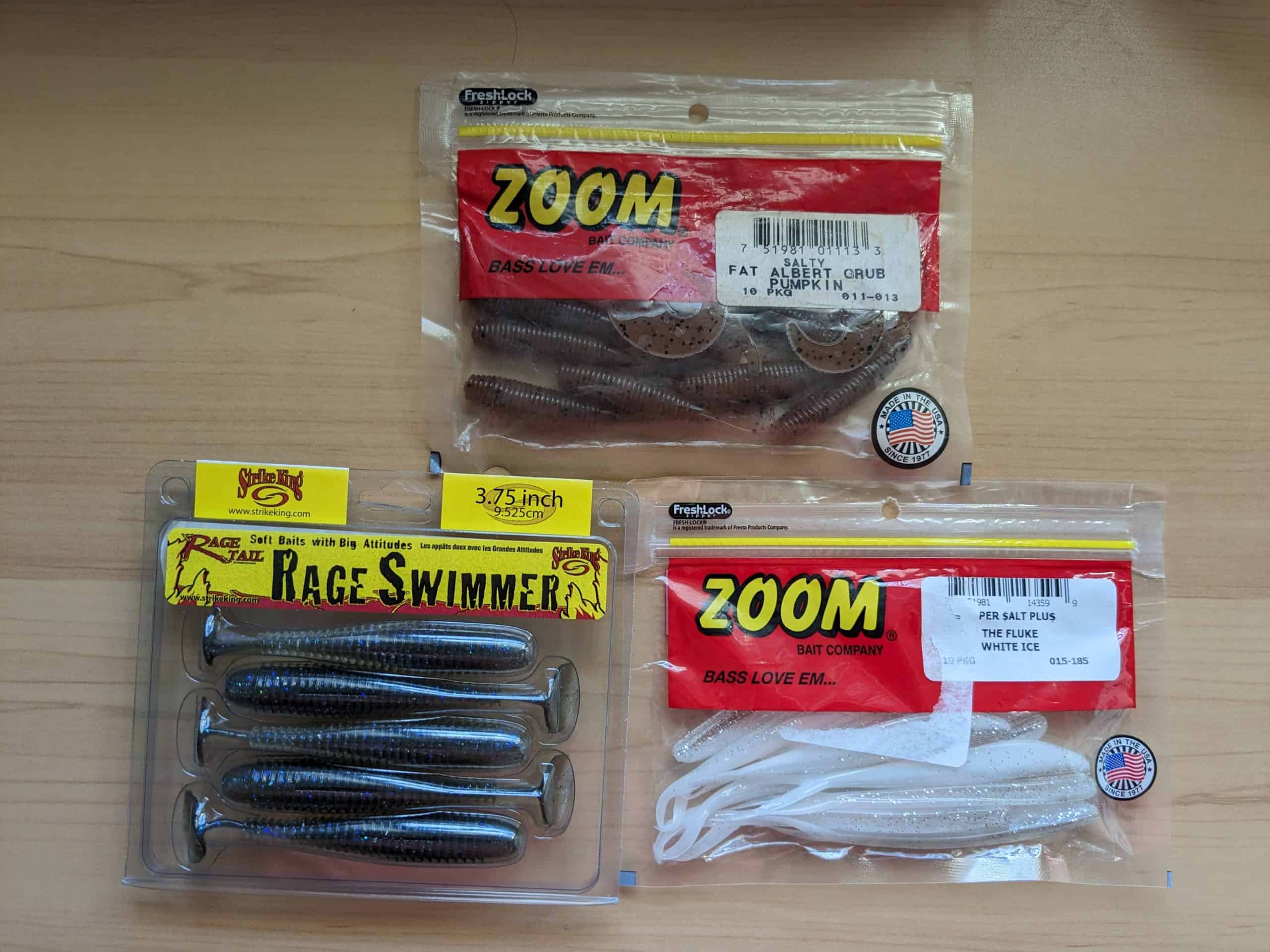  Strike King and Zoom soft plastic trailers, commonly used on swim jigs for enhanced action and appeal in summer bass fishing