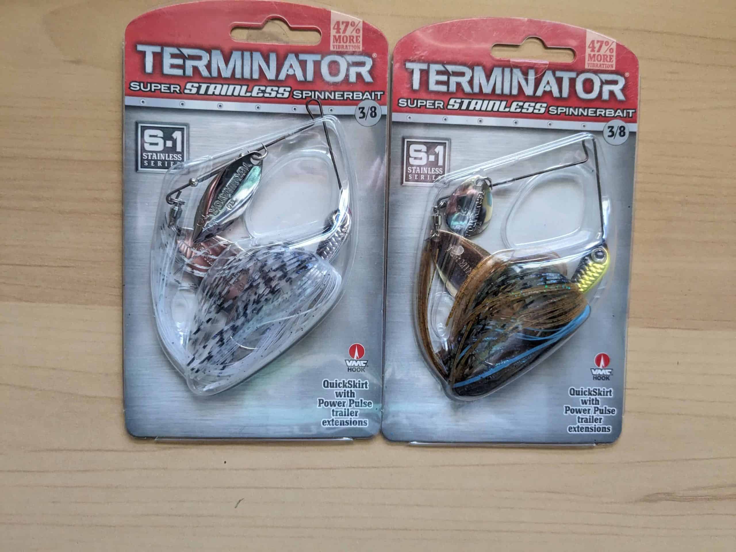 Close-up shot of Terminator double-bladed spinnerbaits in a variety of colors, a go-to choice for beginning anglers learning how to fish a spinnerbait. 