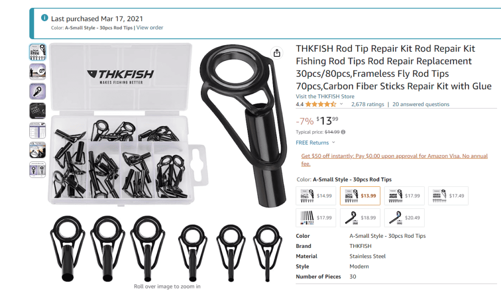 Photograph of the comprehensive THKFISH Rod Guide Repair Kit purchased from Amazon, showcasing its variety of tip sizes suitable for bass fishing rod repairs