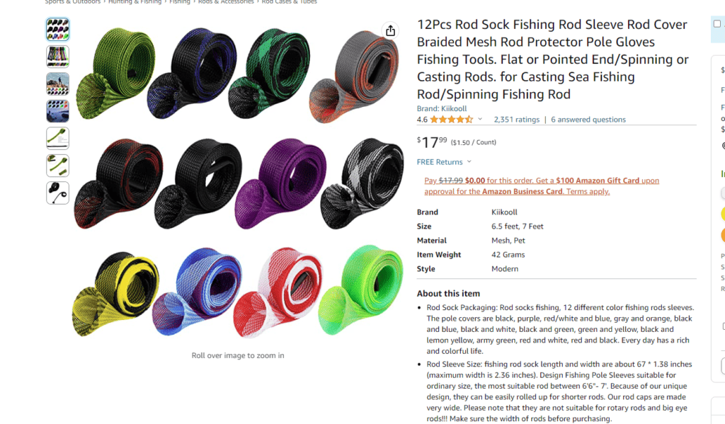 Picture showcasing a set of SF Casting Fishing Rod Covers from Amazon fishing tackle, designed to protect bass fishing rods, emphasizing their unique braided construction and vibrant color options.