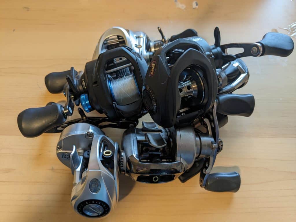 "Lews Speed Spool, Shimano SLX, and other premium baitcasting reels showcased side-by-side for comparison."