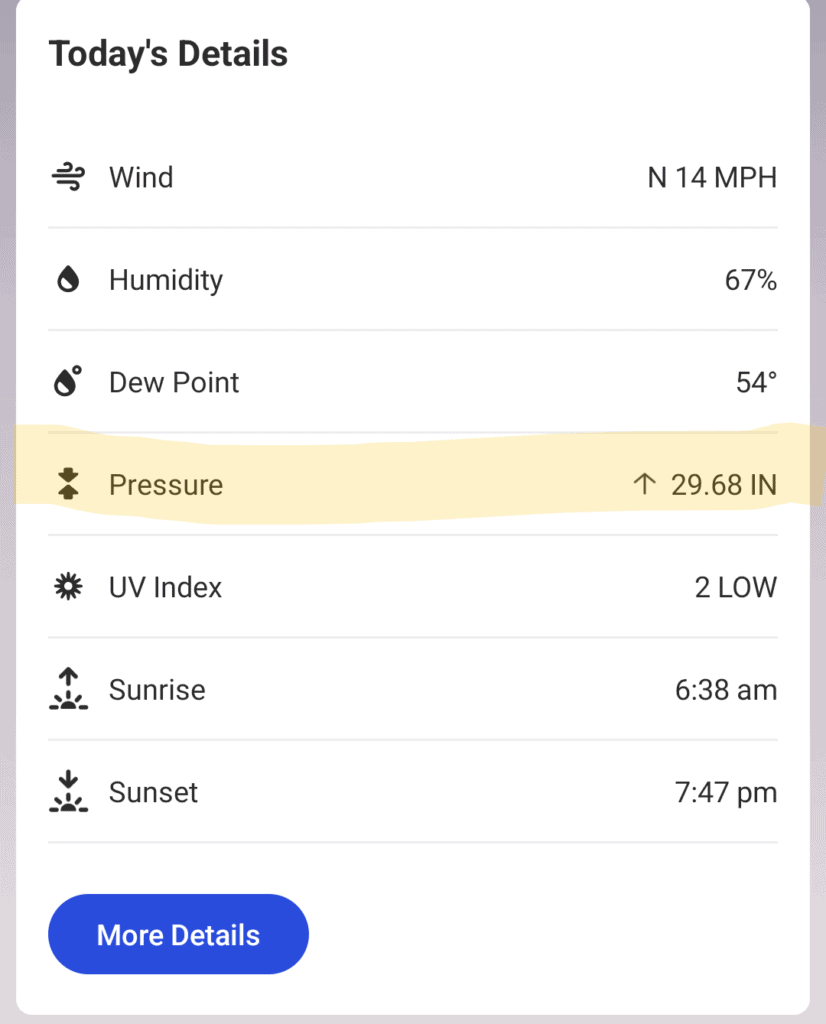 Weather Channel app displaying barometric pressure trends, a key tool for optimizing bass fishing after a storm.