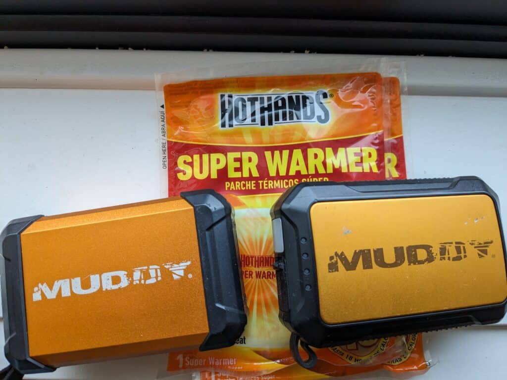 A variety of hand warmers that are used for ice fishing for bass and other species. 