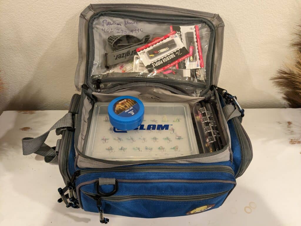 Ice fishing tackle bag that is used for ice fishing for bass